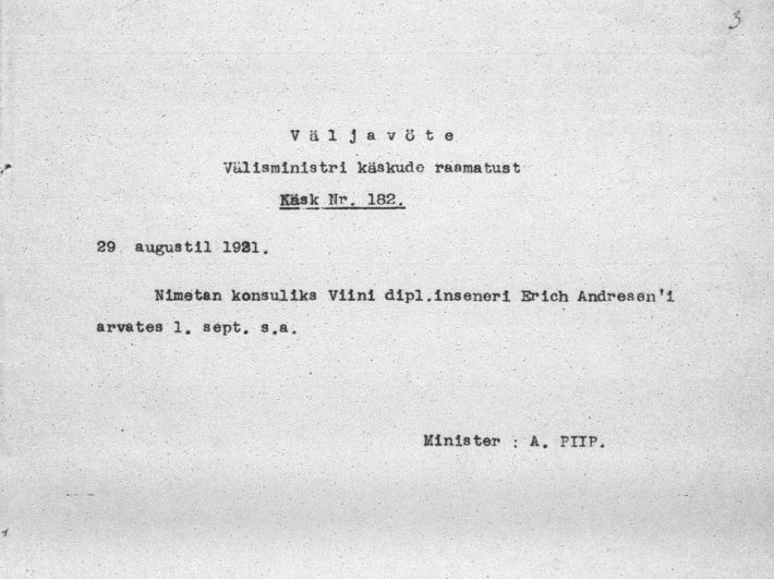 Välisministri otsus Erich Andreseni nimetamisest aukonsuliks. Foto: Rahvusarhiiv (ERA.957.3.415)
