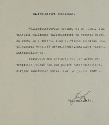 Mitteilung des Außenministers über die Ratifizierung des Konsularabkommens. Foto: Estnisches Nationalarchiv (ERA.957.5.296)
