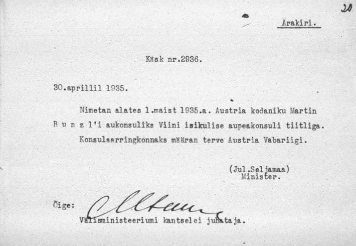 Välisministri kässkiri Martin Bunzli nimetamisest aupeakonsuliks. Foto: Rahvusarhiiv (ERA.957.3.416)