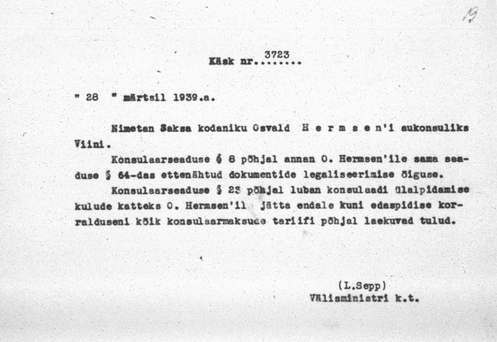 Anweisung des Außenministers zur Ernennung Osvald Hermsens zum Honorarkonsul. Foto: Estnisches Nationalarchiv (ERA. 957.3.651)