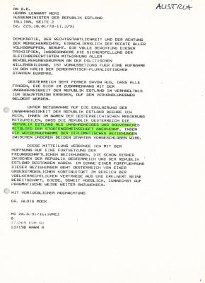 Brief des Bundesministers für Auswärtige Angelegenheiten Alois Mock an Außenminister Lennart Meri mit estnischer Übersetzung. Foto: Archiv des Außenministeriums